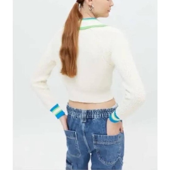 Urban Outfitters BDG Ivory Cropped Collared Taylor Sweater Green Blue Trim M - Picture 2 of 13